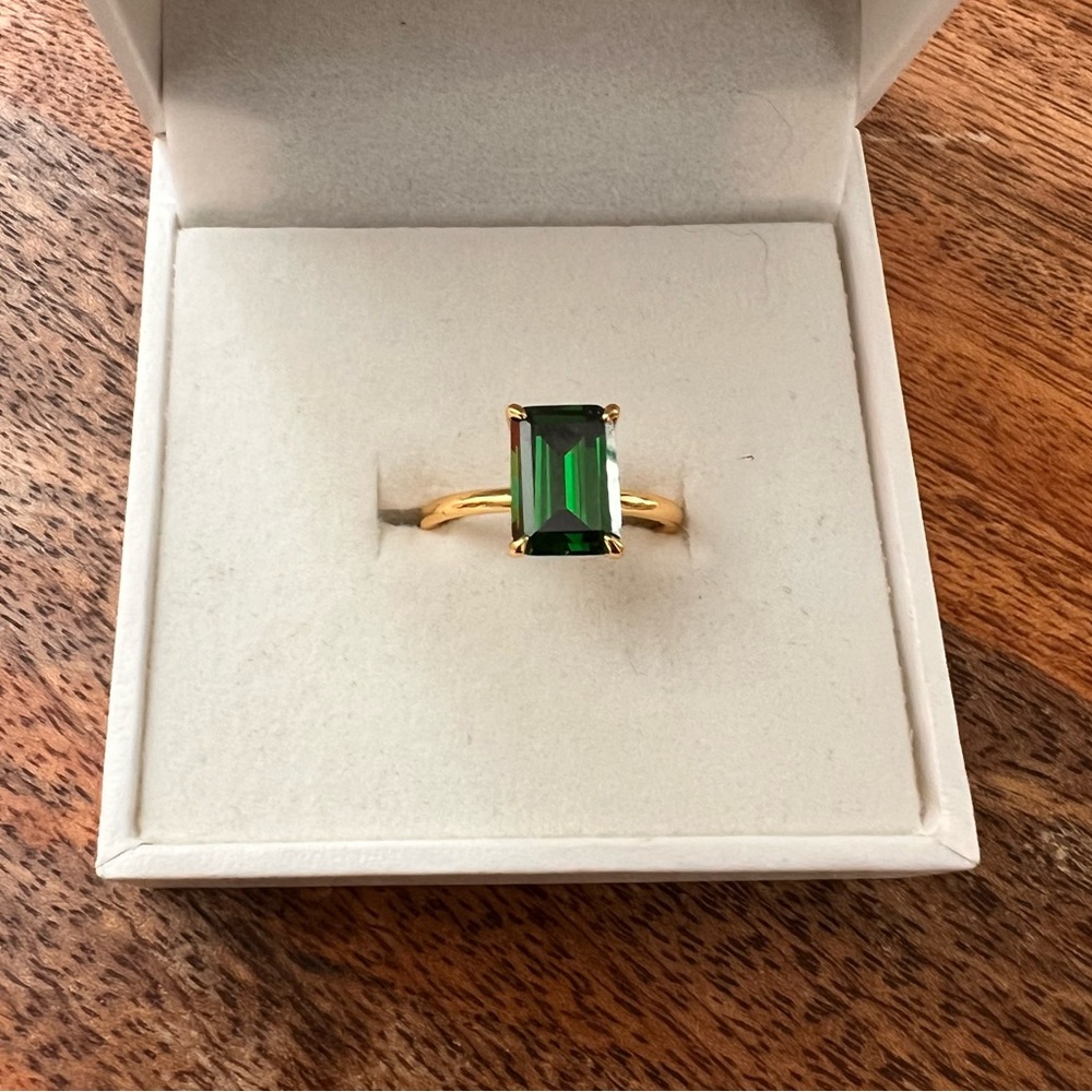 Emerald Cut Green Statement Ring | Gold Plated | Size 6